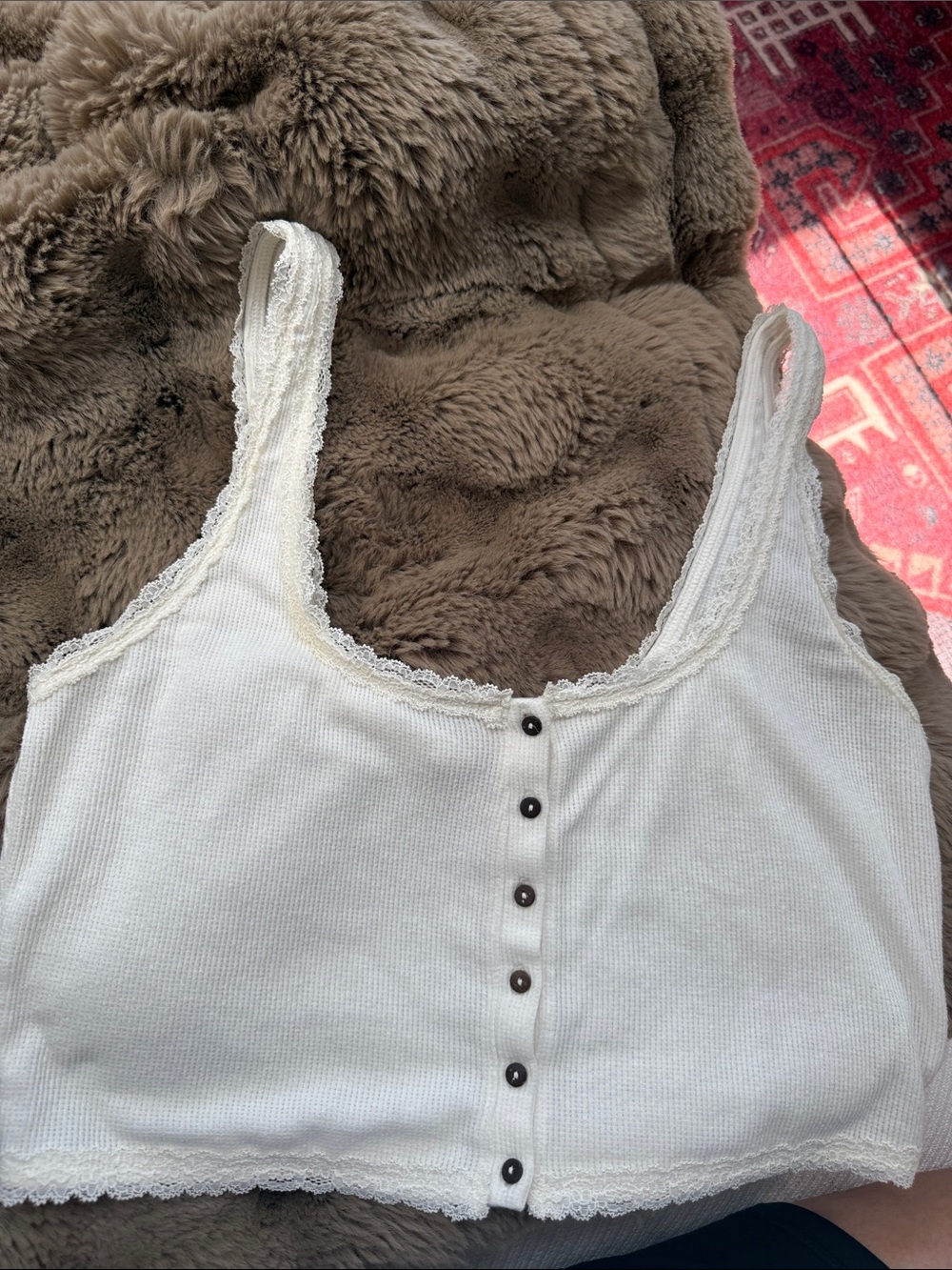 Free People White Lace-Trim Ribbed Button-Front Camisole